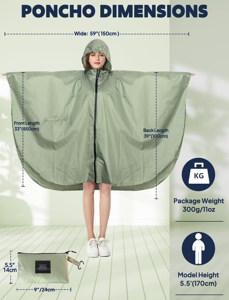ANYOO Waterproof Rain Poncho Lightweight Reusable Hiking Hooded Coat Jacket for Outdoor Activities(Tea green) - Image 2